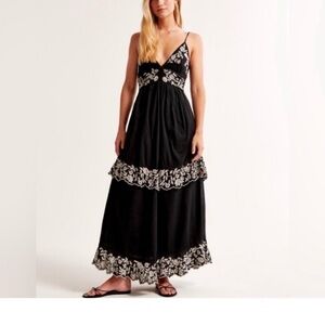 Abercrombie & Fitch Black Maxi Dress with White Floral Embroidery